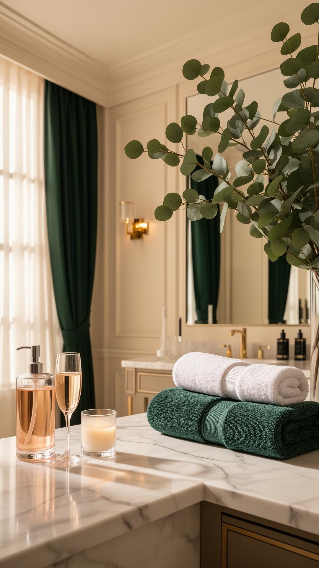 Luxury eco-conscious spa interior with eucalyptus, marble and champagne accents